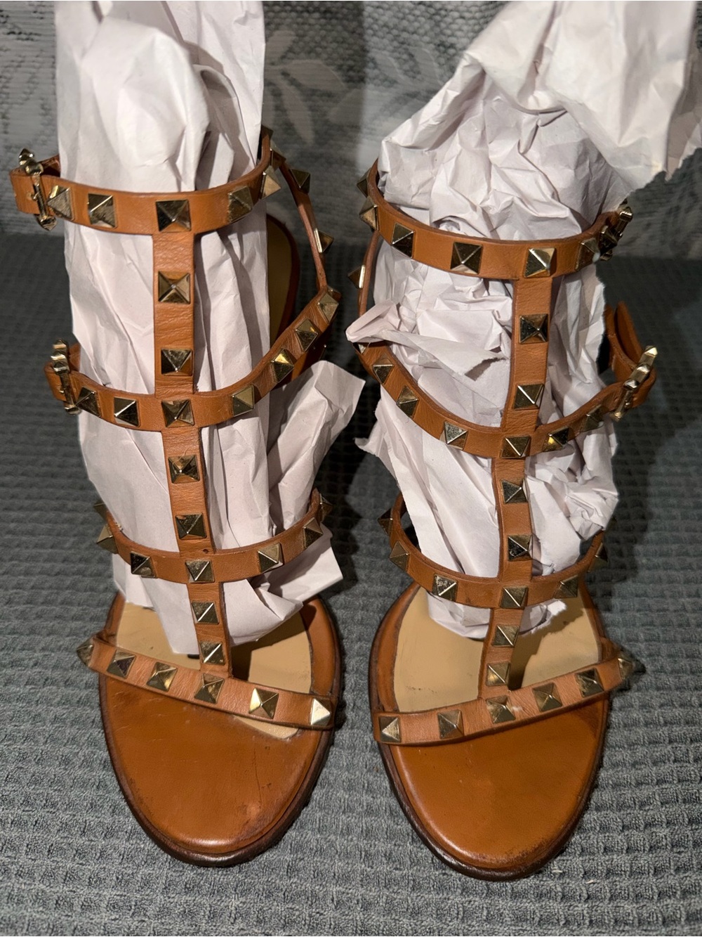 Valentino Garavani Rockstud Sandals Brown Leather Double Buckle 38 Size 7.5 - Picture 4 of 11